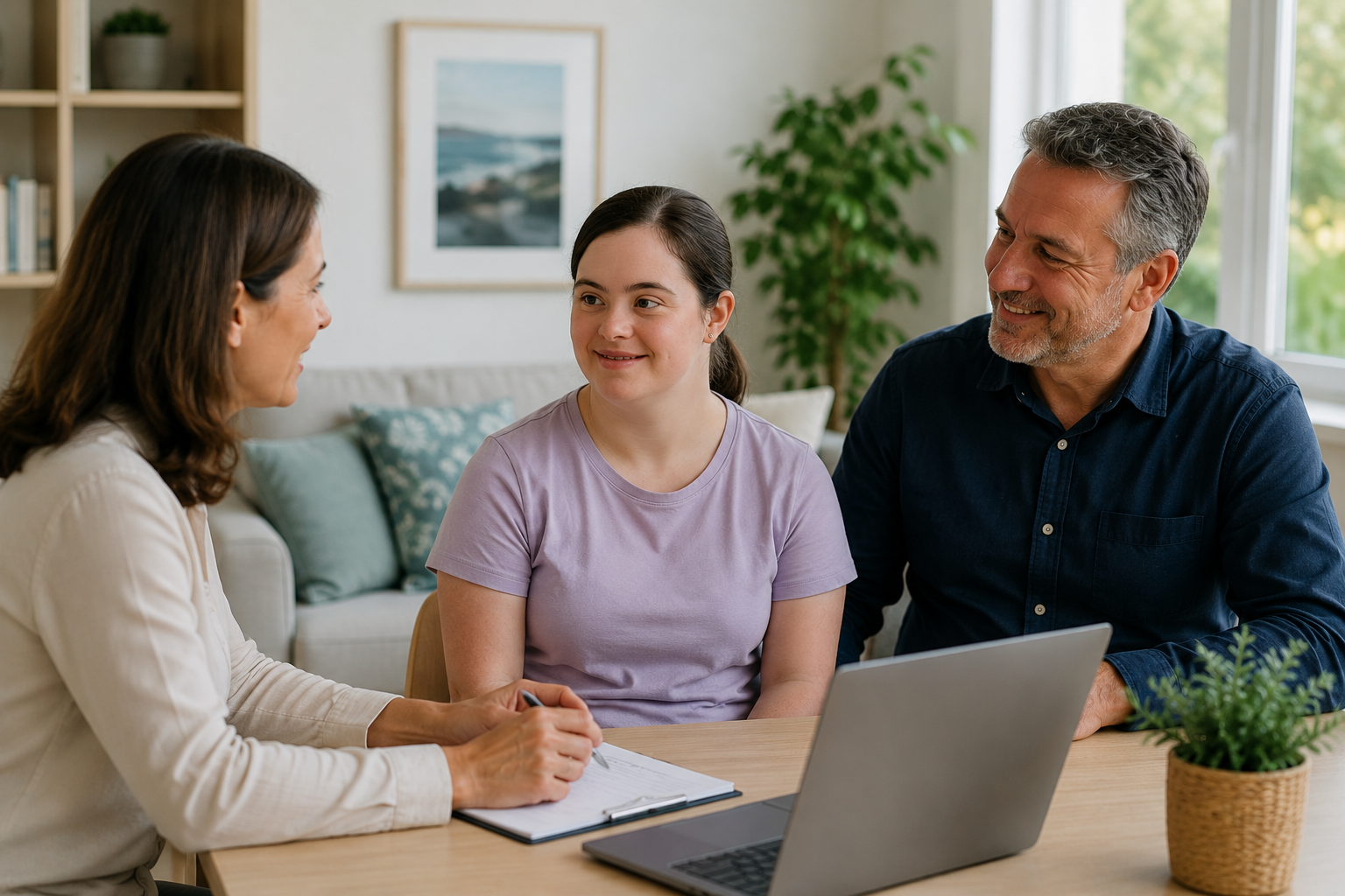 NDIS placement officer meeting with a young participant and her father in a bright family living room